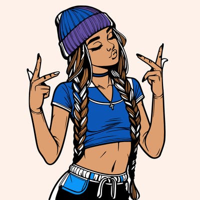 realistic teenage girl with braids and a beanie and crop top doing 🫶🏼