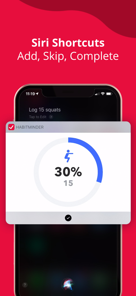 HabitMinder • Habit Tracker - HabitMinder app interface showing Siri Shortcuts integration to log daily habits like squats