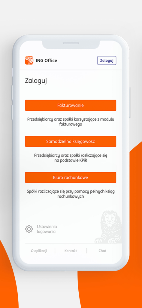 Pantalla de inicio de sesión de la aplicación móvil ING Office mostrando opciones para facturación, auto contabilidad y servicios de oficina contable.
