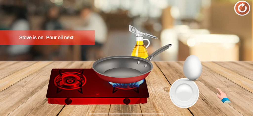 School Breakfast:Cooking games - A cooking game screen showing a frying pan on a red stove with an egg and oil
