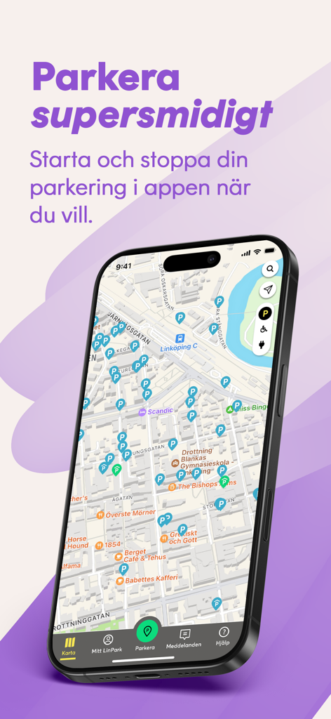 Smartphone displaying a map of parking locations in Linkoping within the LinPark app interface