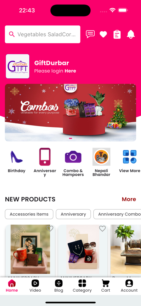 Gift Durbar - Pantalla de inicio de la aplicación Gift Durbar mostrando categorías de regalos seleccionados y cestas de aniversario para entrega en Nepal.