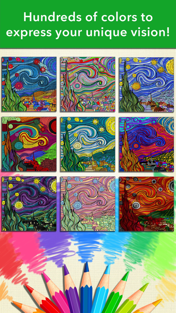 Zen Coloring Book for Adults - A grid of Starry Night designs colored in different palettes with pencils