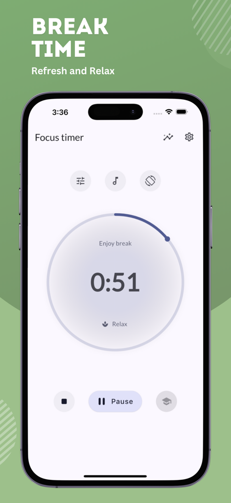 Pomodoro Focus Timer Pro - 51秒のカウントダウンタイマーと一時停止ボタンが表示された休憩時間画面を示すPomodoro Focus Timer Proモバイルアプリインターフェース。