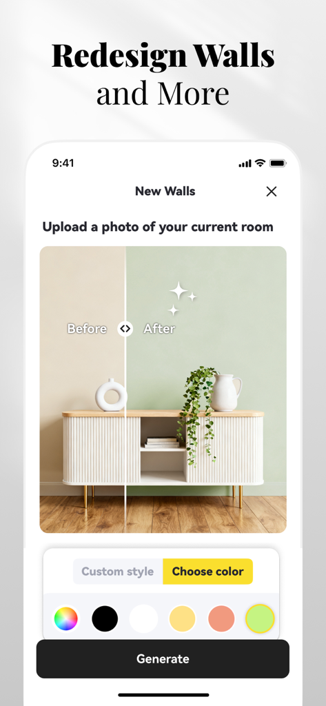 AIインテリアデザインアプリのインターフェース。壁の色がベージュからライトグリーンに変わるビフォーアフター比較を示しています。