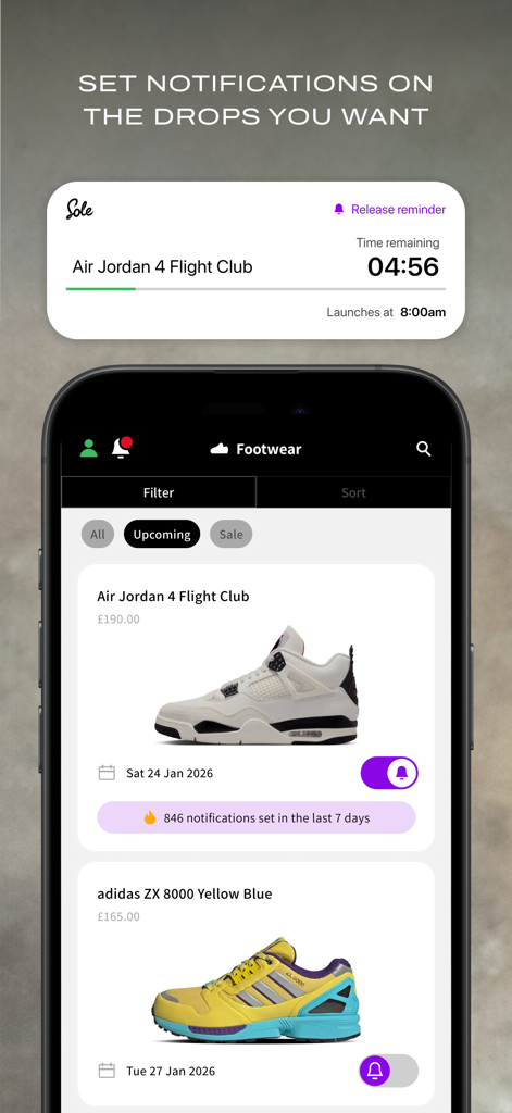Mobile app screen showing upcoming sneaker drops with release notifications and a countdown timer for Air Jordan shoes.