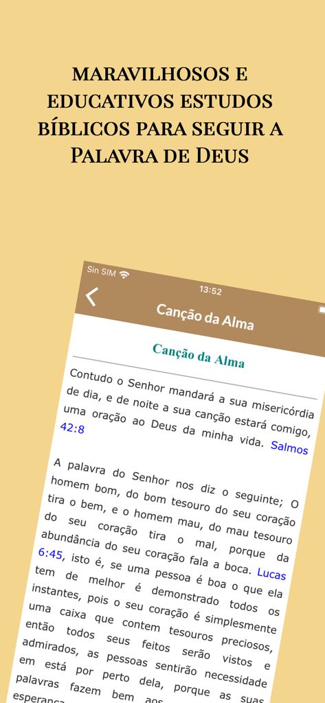 Estudo biblico em profundidade - Interfaz de la app Estudo bíblico em profundidade mostrando un estudio teológico titulado Cancao da Alma en portugués.