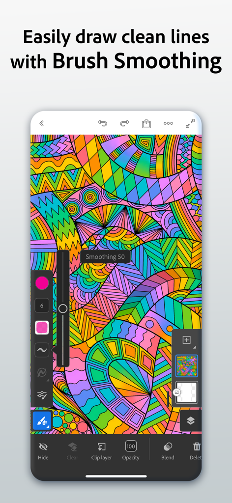 Adobe Fresco: Draw & Paint App - Adobe Fresco interface showing brush smoothing tool on a colorful abstract digital illustration