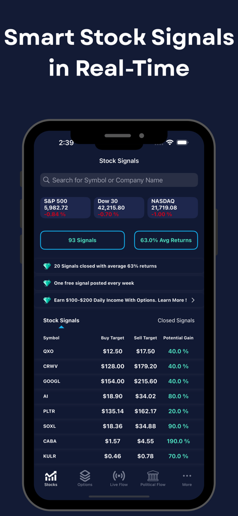 Autopilot AI Stocks Alerts - Mobile app interface of Autopilot AI showing real-time stock trading signals with buy and sell targets.