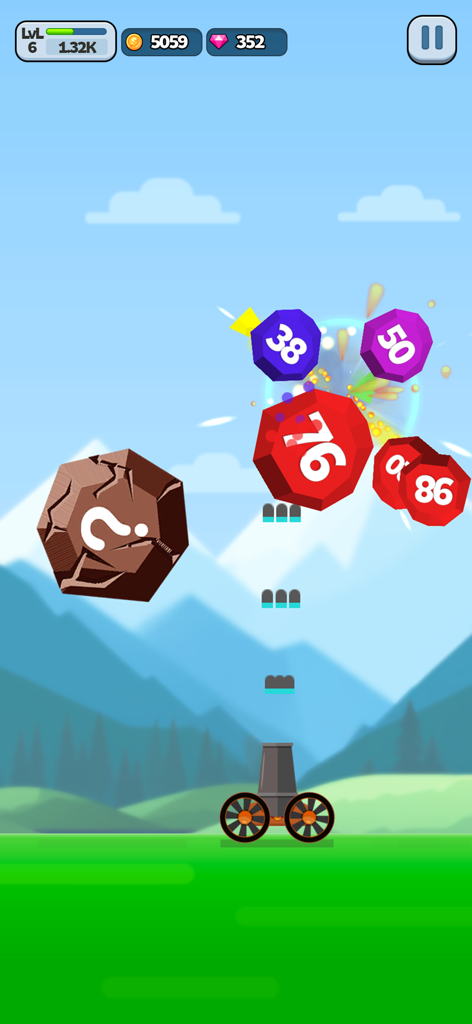 A cannon shooting bullets at numbered falling balls in the Ball Blast mobile game.