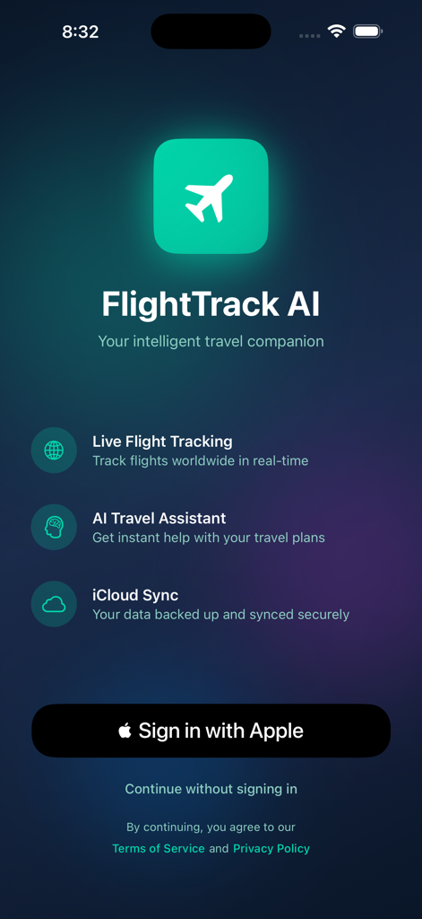 FlightTrackAI - Écran d'accueil de FlightTrackAI montrant le suivi de vol en direct et les fonctionnalités de l'assistant de voyage IA avec le bouton Se connecter avec Apple