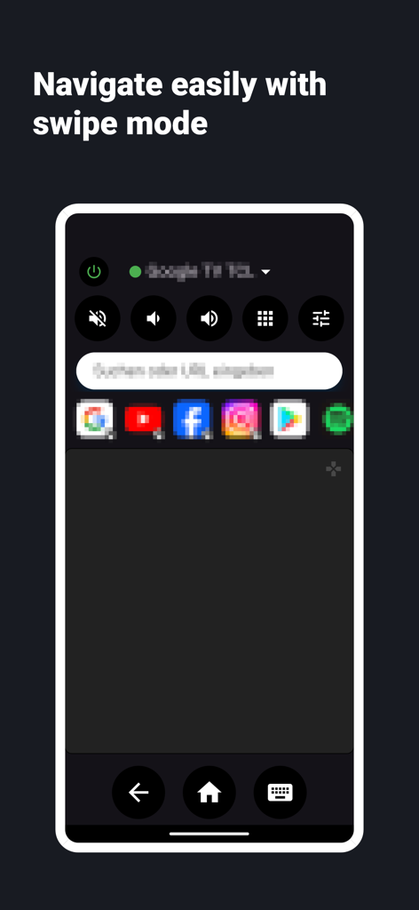 Interface of the ZEUS remote app for Android TV highlighting the swipe navigation area and quick access icons.