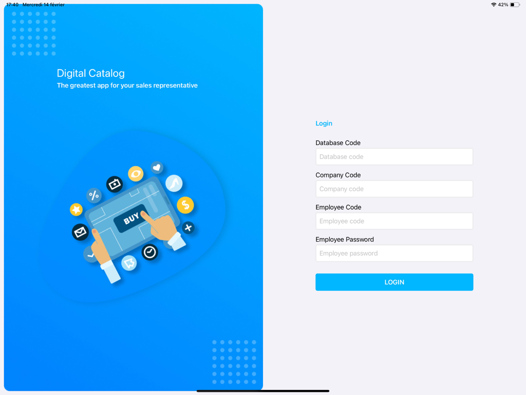 VG Catalogue - Login screen of the VG Catalogue app for sales representatives on iPad
