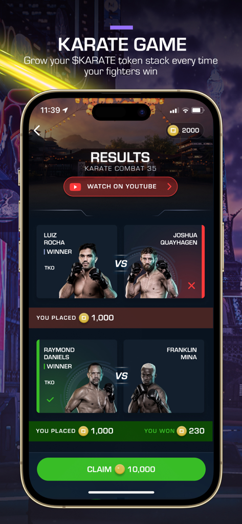 Karate Combat - Vote Live! - Karate Combat results screen showing fight winners and token rewards