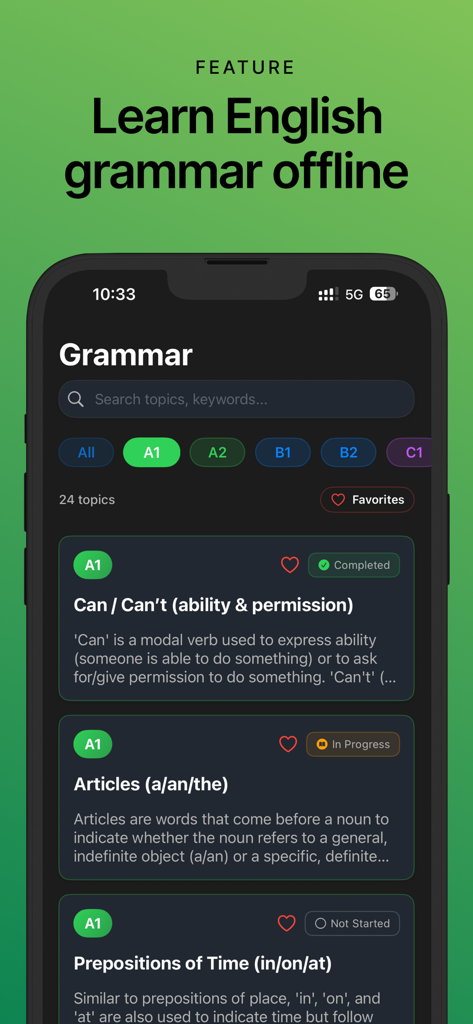 MonGram English - MonGram Englishアプリのインターフェース。オフライン学習のためにA1からC1までのレベル別に分類された英語文法トピックのリストが表示されています。