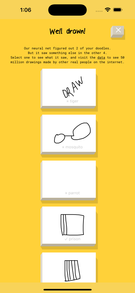 Results screen in Quick Draw AI Sketch Game showing various sketches and AI recognition feedback.