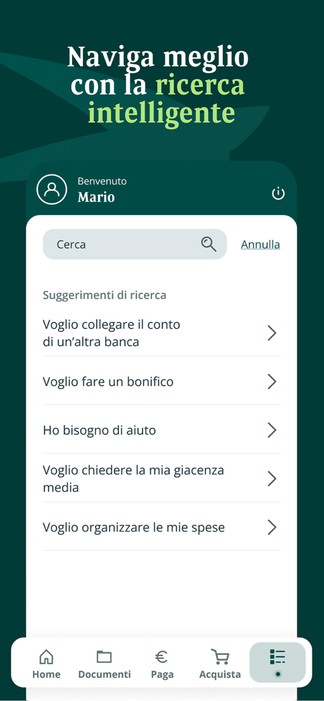 My Private Banking - Smart search interface in the My Private Banking mobile app displaying suggested banking tasks for the user