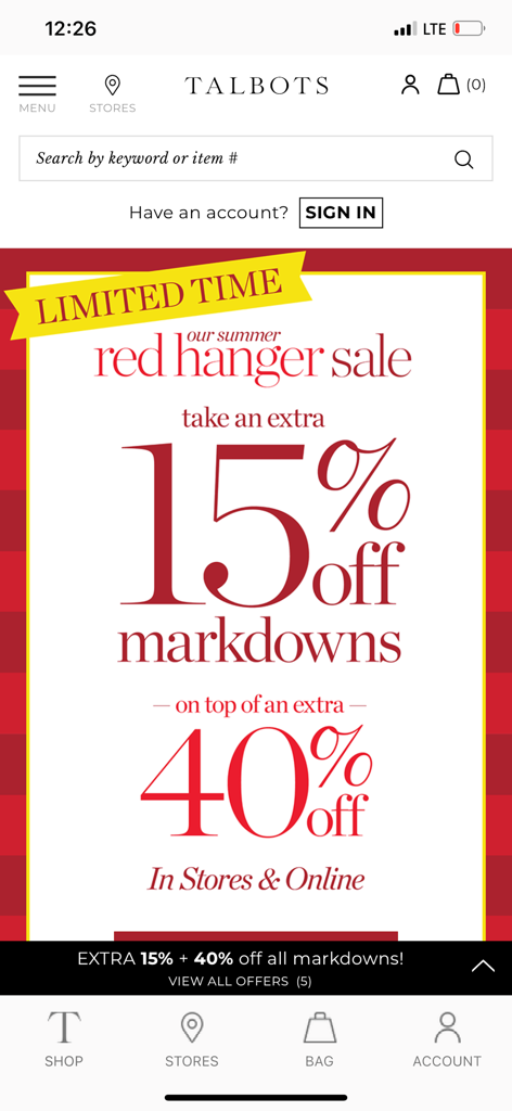 Talbots mobile app screen showing a Summer Red Hanger Sale promotional banner with extra discounts.