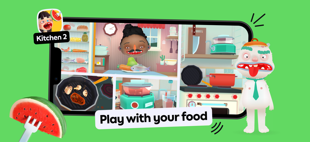 Toca Boca Jr - Gameplay do Toca Boca Jr Kitchen 2 mostrando personagens cozinhando e brincando com comida em uma tela de celular