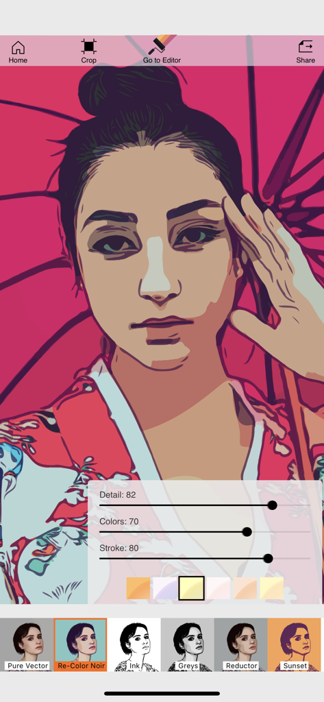 Imaengine app interface showing a woman portrait with a pop art vector filter and adjustment sliders