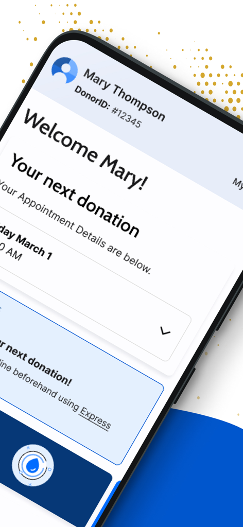Grifols Plasma Donor Hub app welcome screen showing Mary Thompson's profile and next donation appointment details.