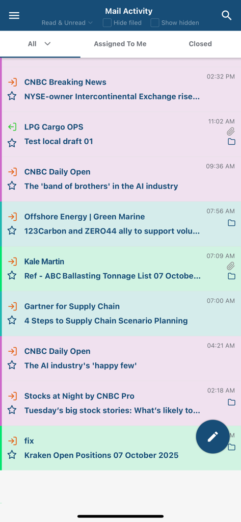 MarineTraffic Inbox - MarineTraffic Inbox mail activity dashboard showing maritime logistics emails and updates
