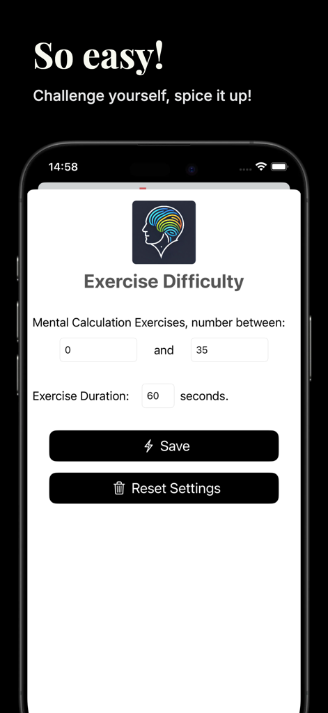 Exercise difficulty and duration settings screen for mental calculation in Brain Booster Pro app.