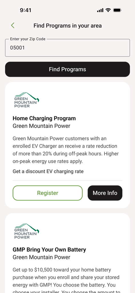 Emporia Energy - Emporia Energy app interface for finding local utility savings programs and incentives by zip code.