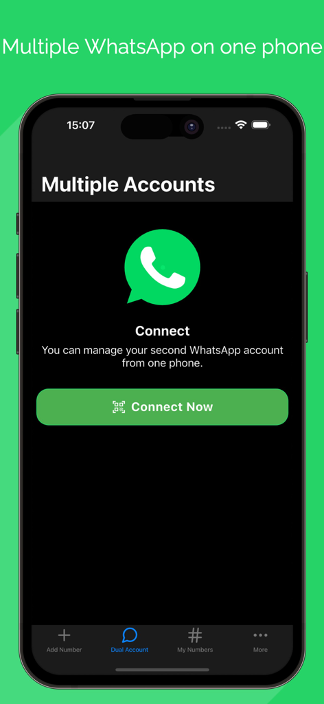 Dual WA: Duo Web Messenger - Pantalla de iPhone mostrando la interfaz de la aplicación Dual WA para gestionar múltiples cuentas de WhatsApp en un solo dispositivo