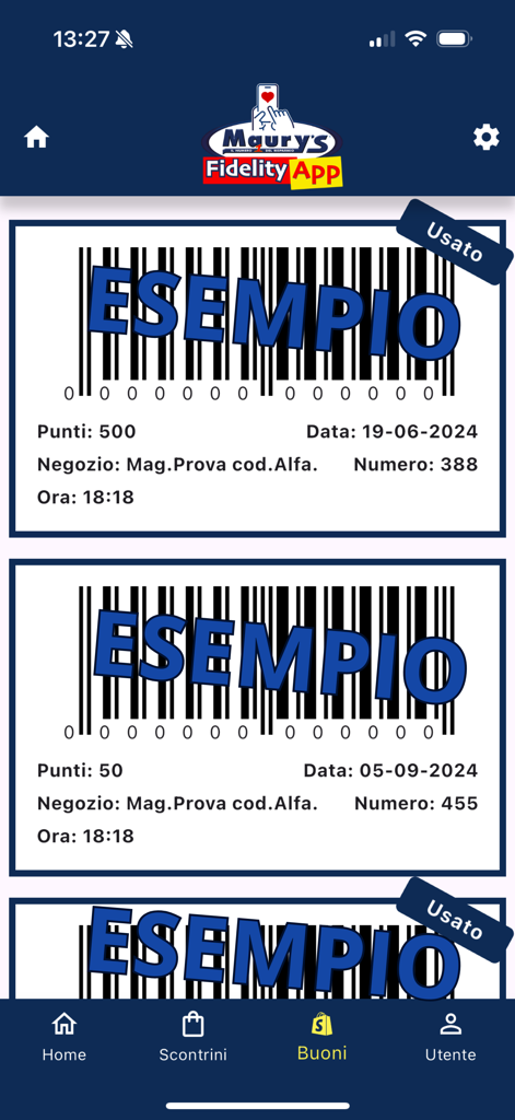Maury's Fidelity - Maury's Fidelity app screen showing digital coupons and barcodes with reward points