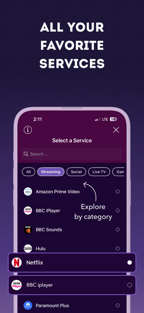 Free VPN app interface showing a list of streaming services like Netflix Hulu and BBC iPlayer for easy access