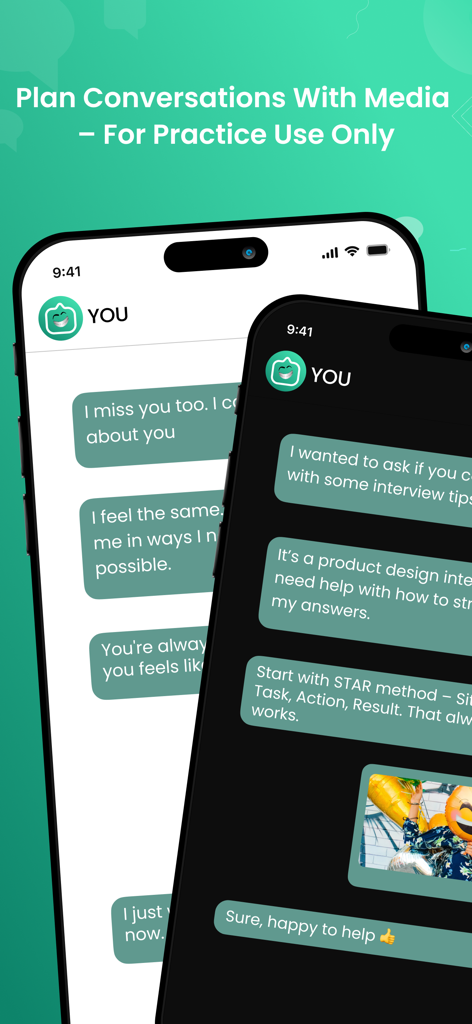 ChatsMock Chat Text - Mock chat interface in light and dark modes showing conversation planning with media attachments
