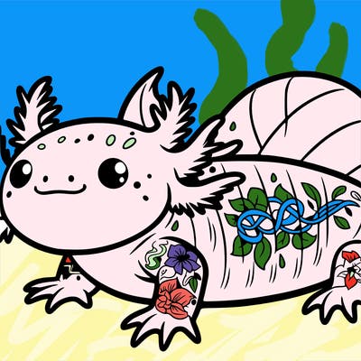buff axolotl with tattoos