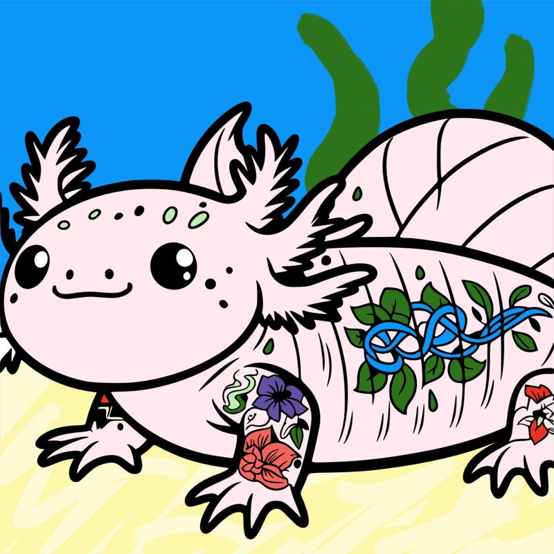 buff axolotl with tattoos