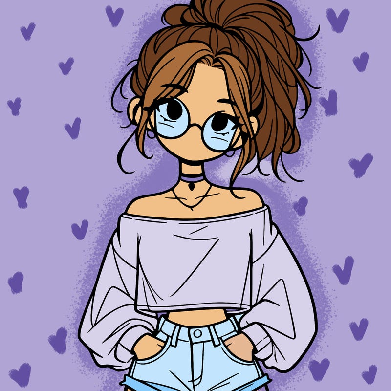 girl with a messy ponytail glasses a baggy crop top and jean shorts