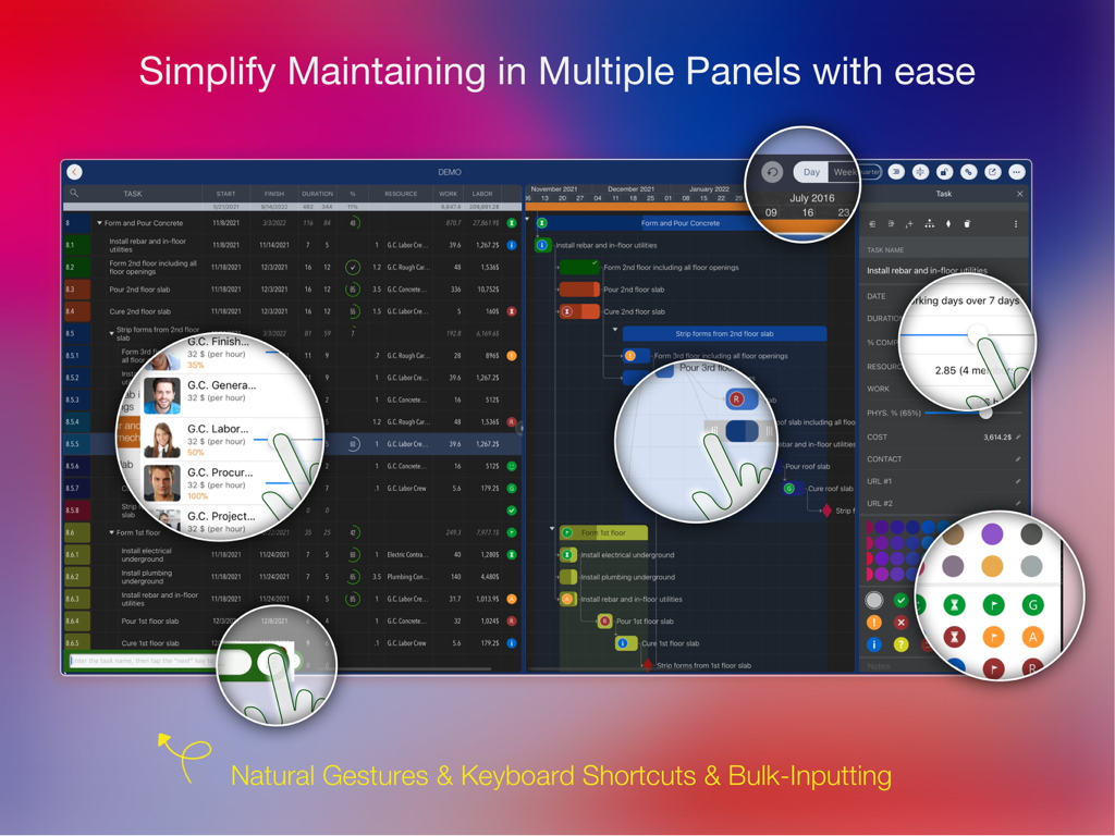 iPad interface of QuickPlan Basic project manager showing Gantt charts and multiple task panels with natural gesture highlights