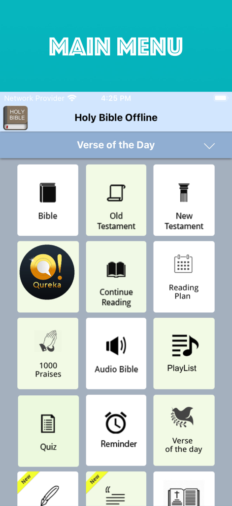 Holy Bible Offline iPhone - Menú principal de la aplicación Santa Biblia Sin Conexión con una cuadrícula de íconos para estudio bíblico, escrituras en audio y versículos diarios.