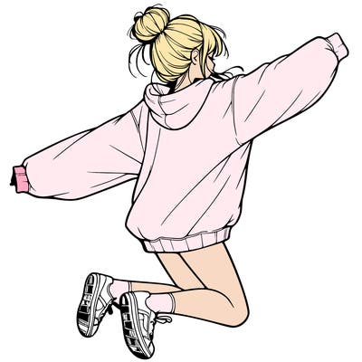 realistic girl jumping with a bun and oversized sweatshirt