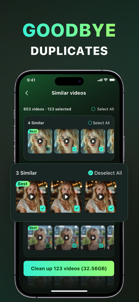 Pantalla de la aplicación ClearSnap mostrando vídeos similares seleccionados para su eliminación con un botón para liberar treinta y dos gigabytes de almacenamiento