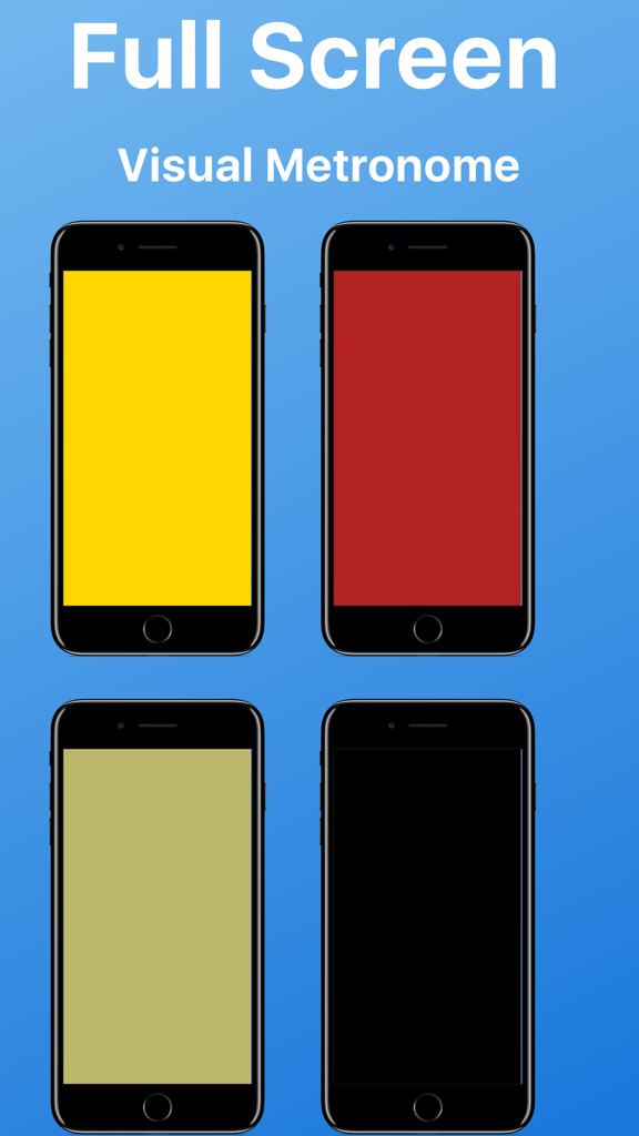Quatre smartphones affichant des écrans de couleurs différentes pour l'application de métronome visuel Métronome Lumineux