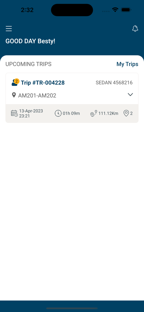 iLogistics Go - The upcoming trips screen in the iLogistics Go app displaying a scheduled sedan journey