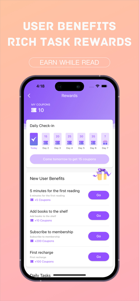 Puppr Novel -Romance & Fantasy - Página de recompensas de la aplicación Puppr Novel con registro diario y beneficios para nuevos usuarios