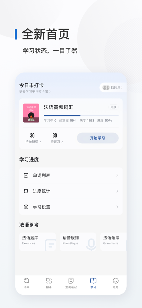 Panel de control de una aplicación de aprendizaje de vocabulario francés que muestra el progreso del estudio y las estadísticas