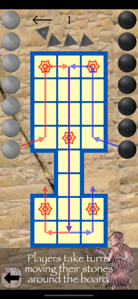 Gameplay screen of the Royal Game of Ur showing the ancient board layout and stone movement paths