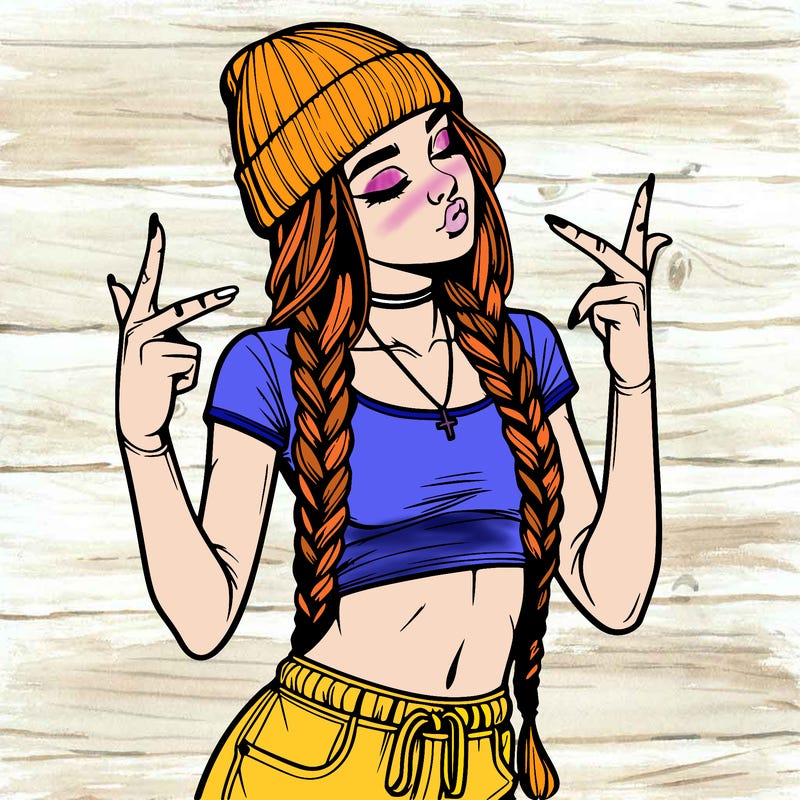 realistic teenage girl with braids and a beanie and crop top doing 🫶🏼