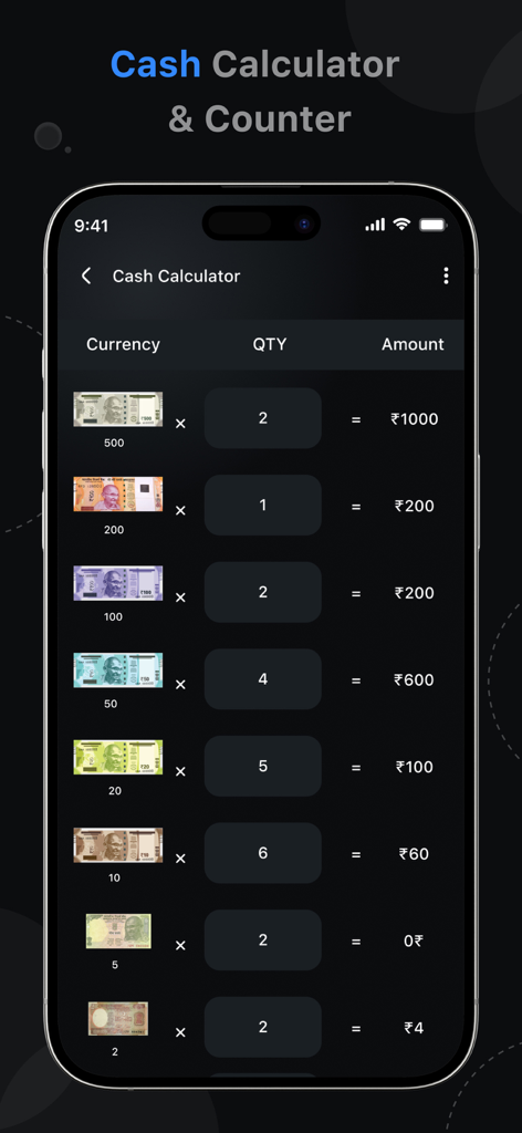 CashBook : Credit Account Book - Mobile screen showing the cash calculator and counter feature of the CashBook app with currency denominations