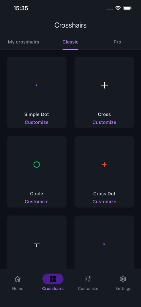 Crosshair Pro - Custom Scope - Une galerie d'options de réticule classiques, y compris le point simple et le point croisé dans l'application Crosshair Pro.