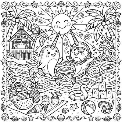 Get ready for a fin-tastic summer with this delightful narwhal coloring page! Join these adorable 'unicorns of the sea' as they enjoy a sun-soaked beach vacation filled with tropical treats and ocean waves.