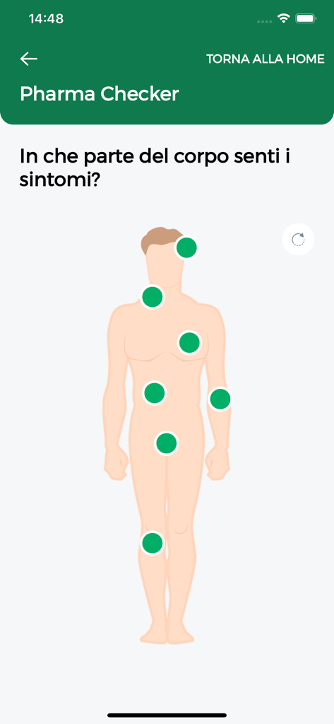 SiSalute Up per CASSABNL - Pharma Checker screen showing a human body diagram to select symptom location