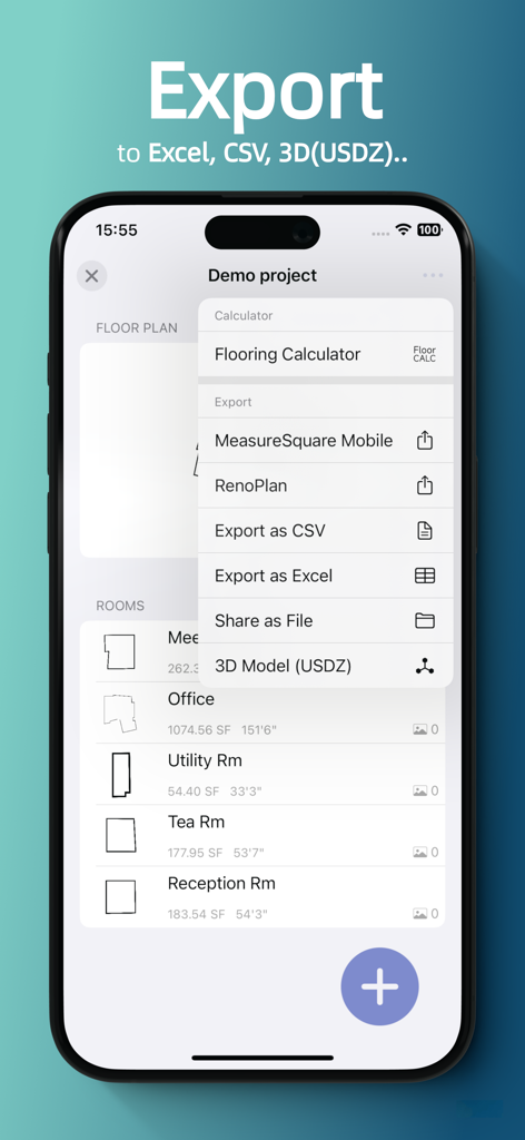 Room Scanner - Easy Measure Rm - Bildschirm der mobilen App, der verschiedene Exportoptionen für Grundrisse zeigt, einschließlich Excel CSV und 3D USDZ-Modellen